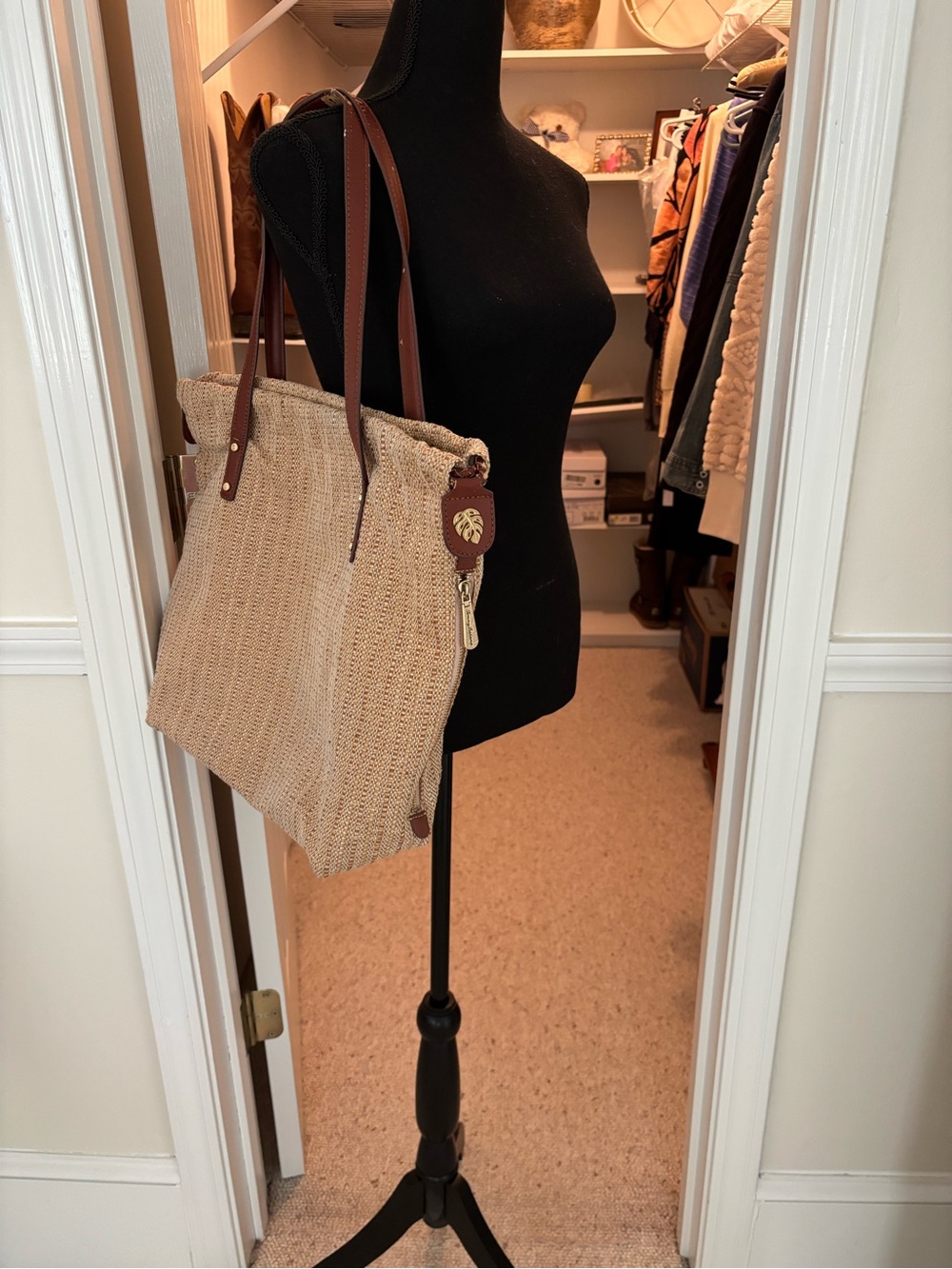 Tommy Bahama Beige Woven Shoulder Tote with Brown Leather Straps